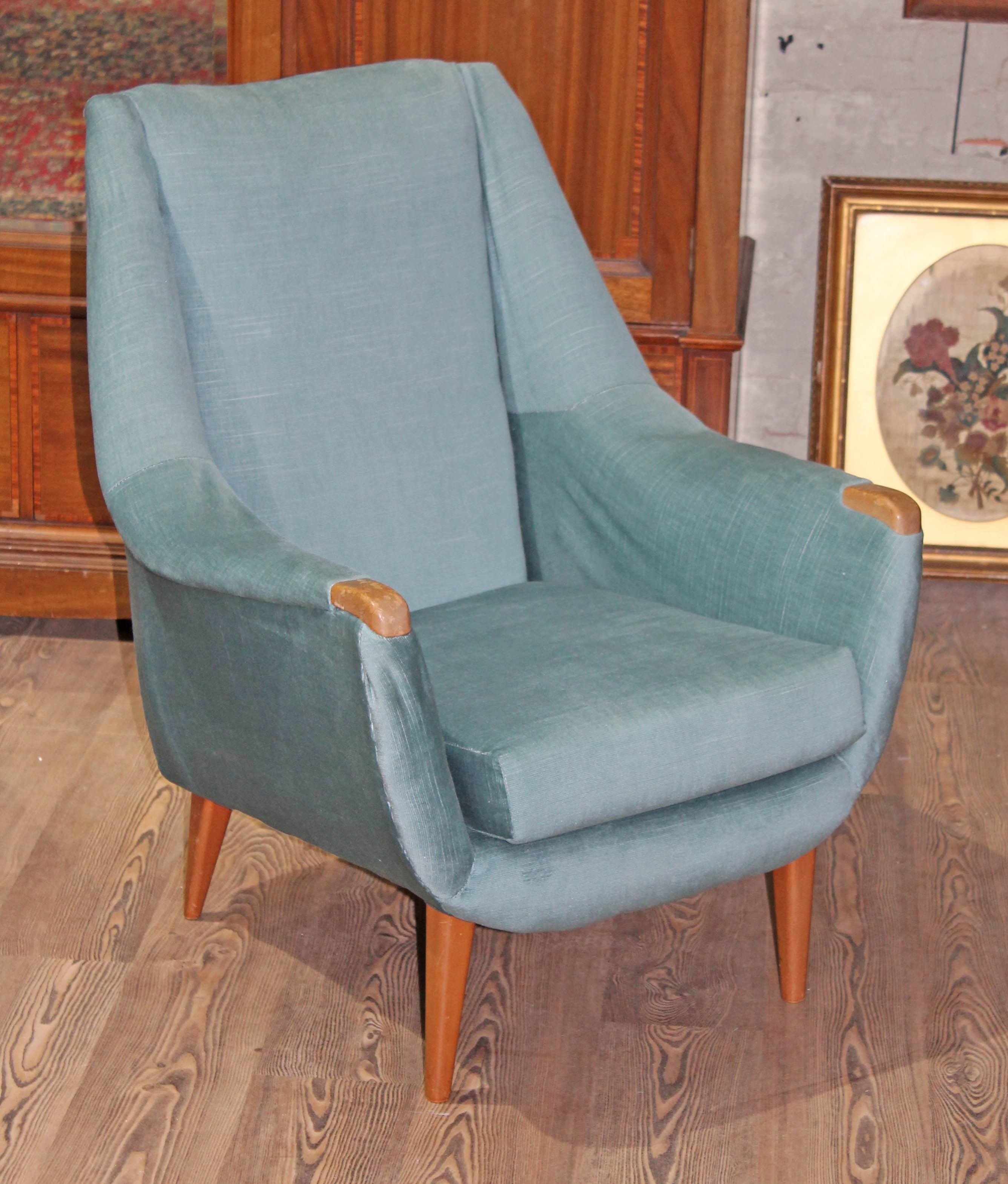 A 1960s retro sky blue upholstered lounge chair labelled 'Everest', width 74cm, depth 78cm &