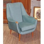 A 1960s retro sky blue upholstered lounge chair labelled 'Everest', width 74cm, depth 78cm &