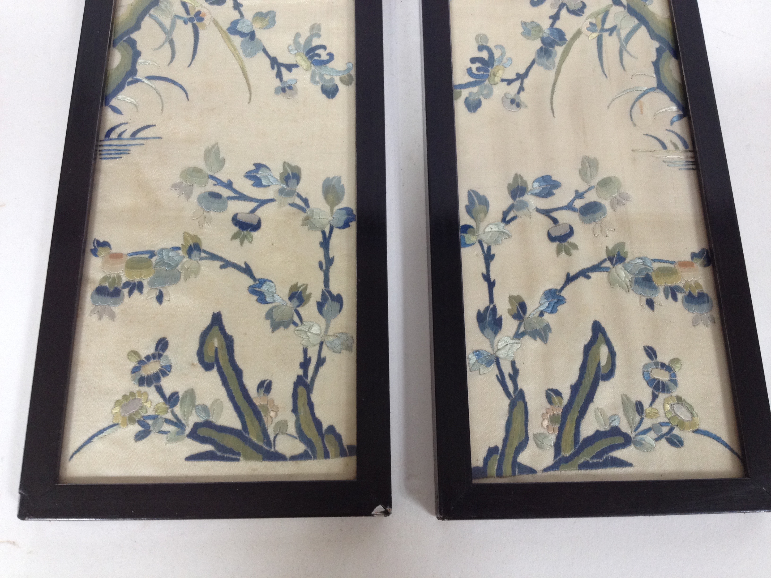 A pair of Oriental silk pictures 51cm x 10cm each. - Image 6 of 10