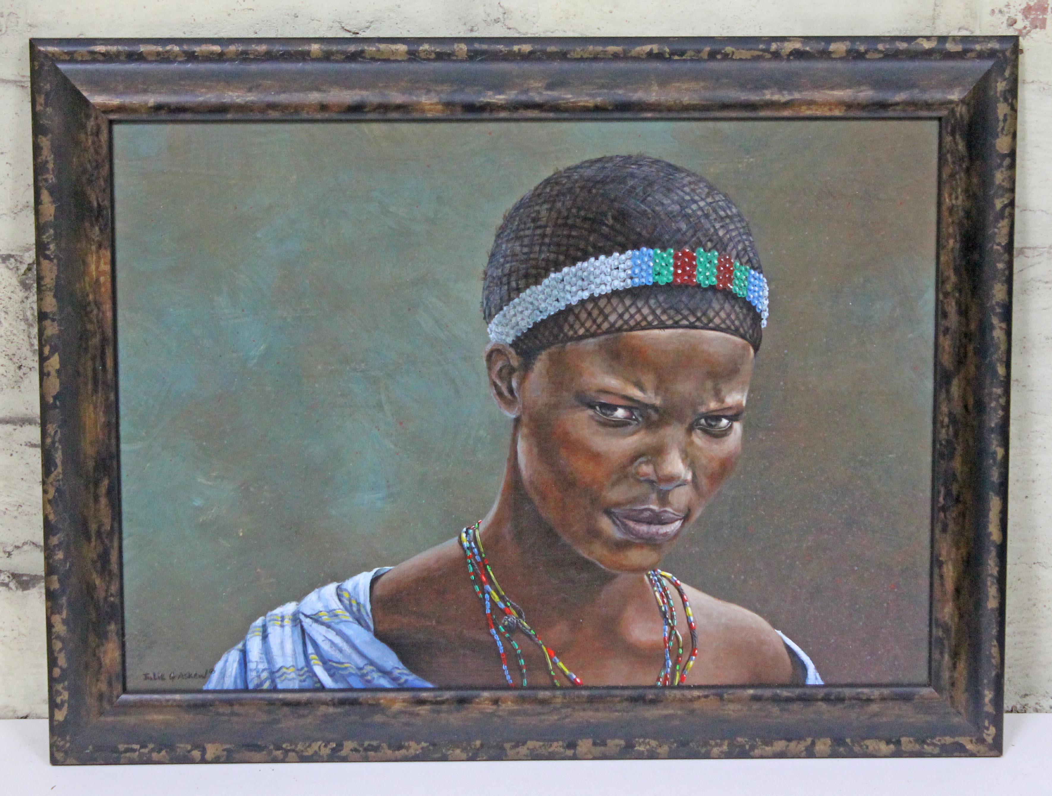 Julie Askew, African woman portrait, acrylic on board, 40cm x 28cm, signed lower right, modern frame