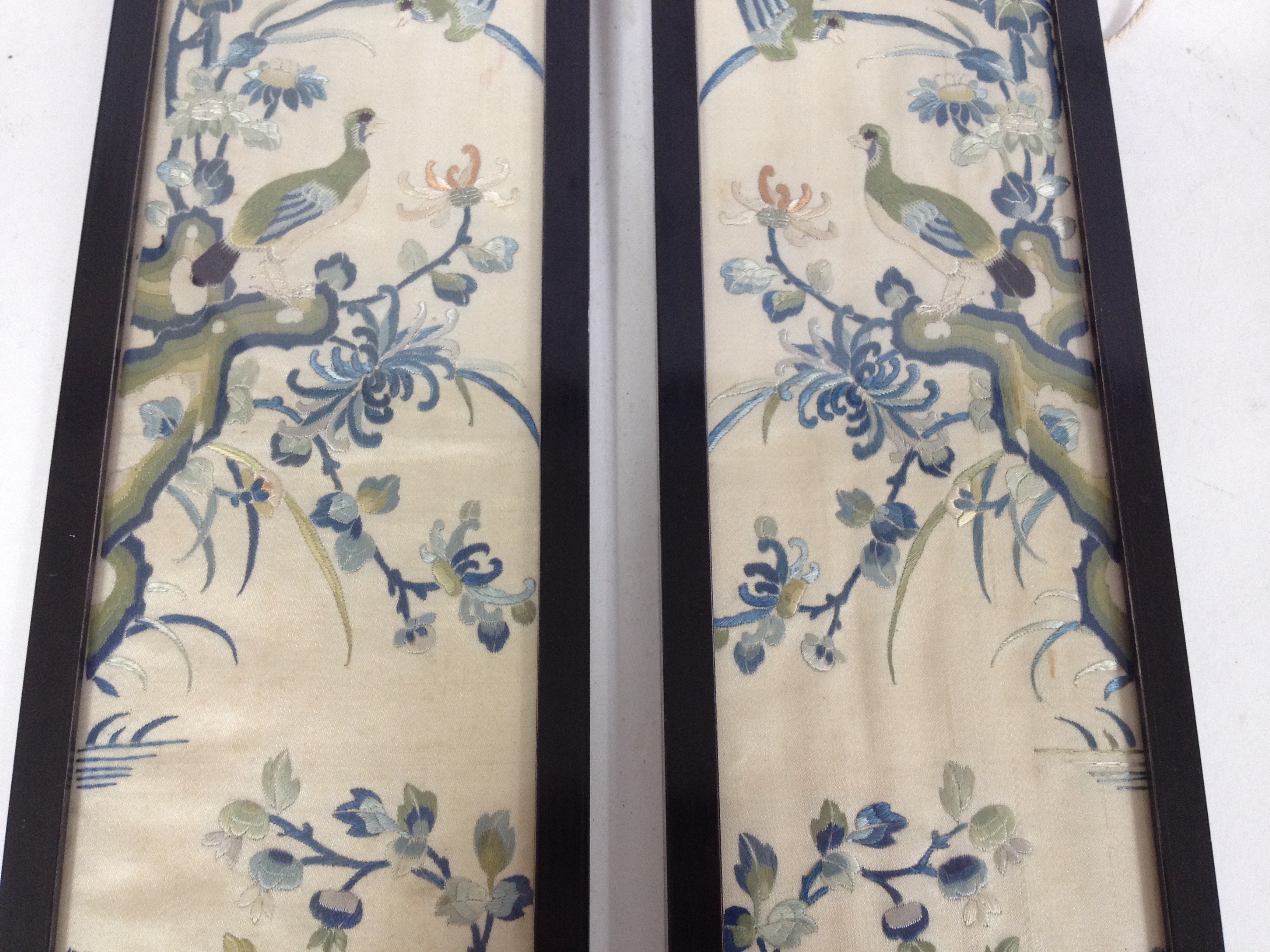 A pair of Oriental silk pictures 51cm x 10cm each. - Image 5 of 10