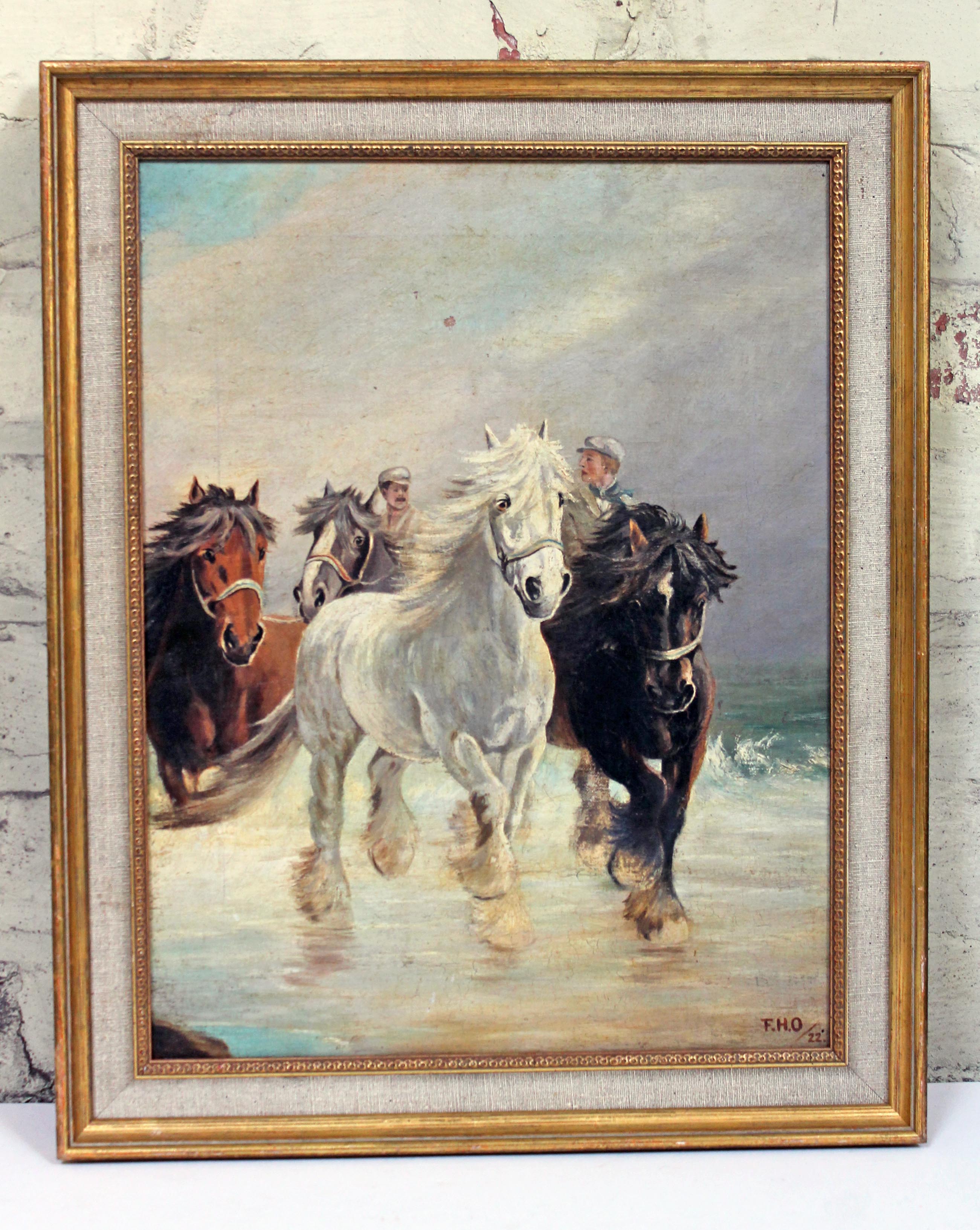 Early 20th Century School, galloping horses, oil on canvas, 34cm x 44cm, monogrammed 'F.H.O' and