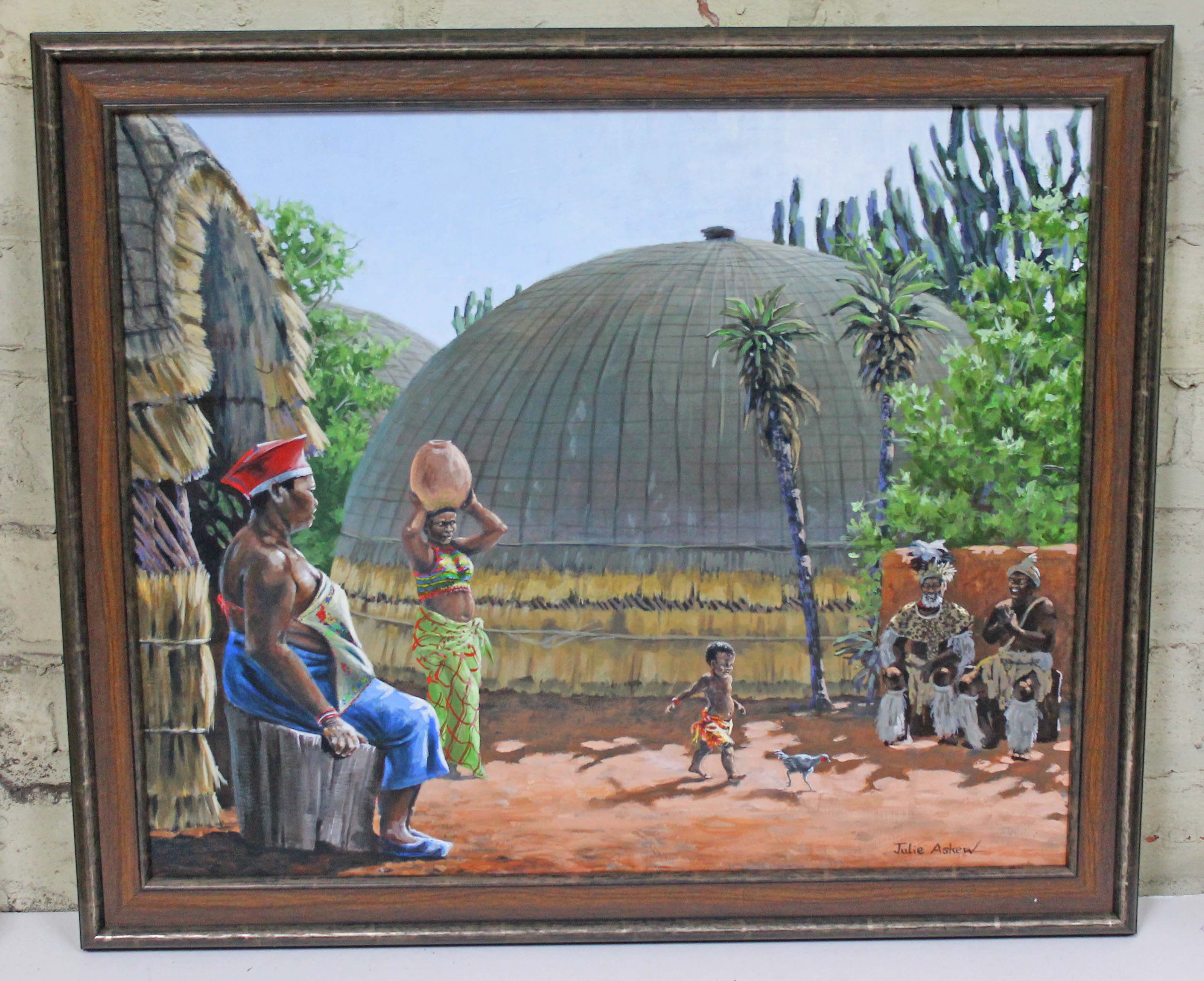 Julie Askew, African village, acrylic on canvas, 55cm x 45cm, signed lower right, modern frame