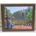 Julie Askew, African village, acrylic on canvas, 55cm x 45cm, signed lower right, modern frame