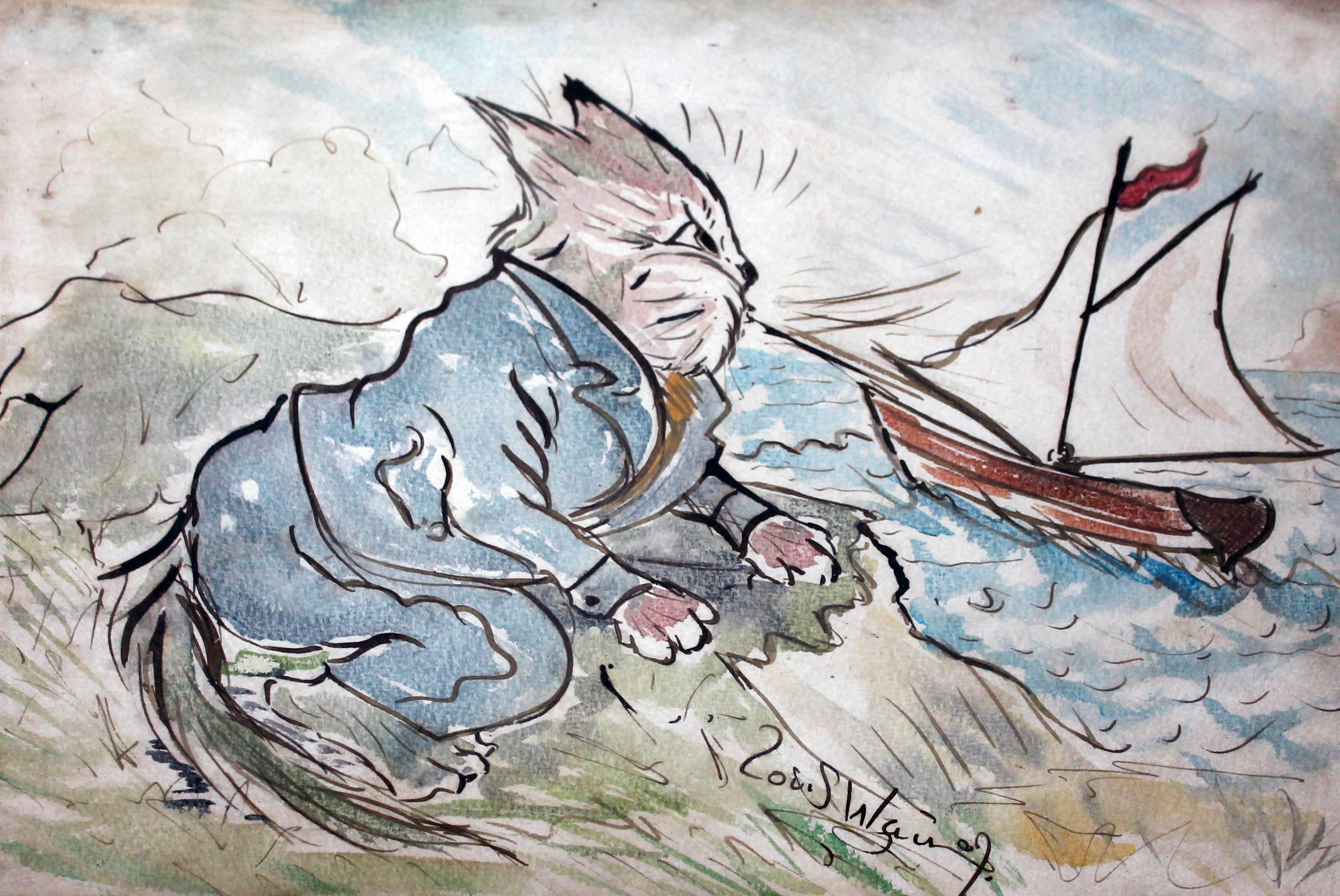 In the manner of Louis Wain, cat blowing a sail boat offshore, watercolour, 35cm x 26cm, bearing