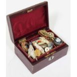 A Victorian jewellery box and contents to include a novelty pig vesta etc.