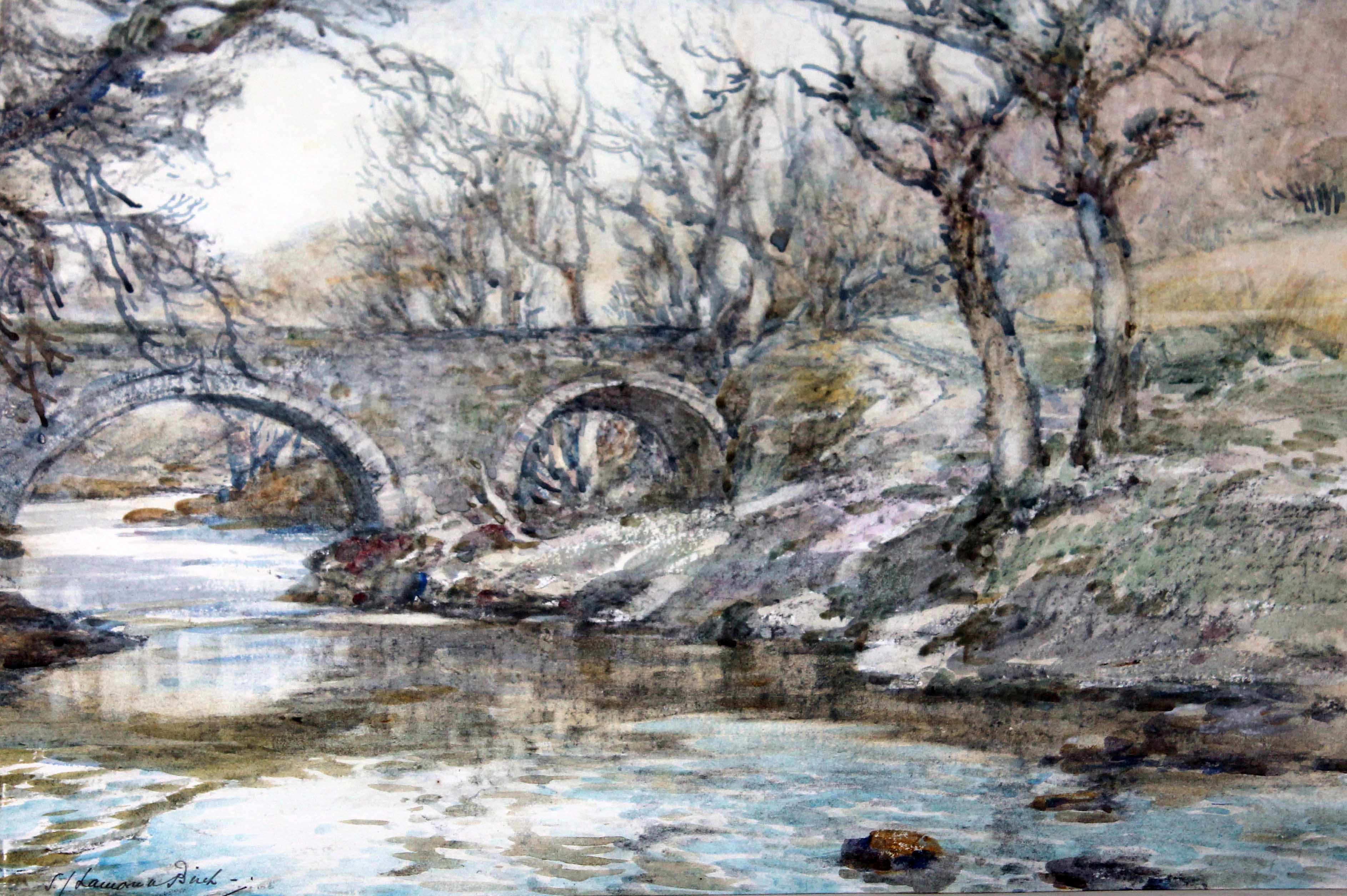 Samuel John Lamorna Birch RA (1869-1955), "Old Bridge on the Tavy Early Spring", watercolour, 36cm x