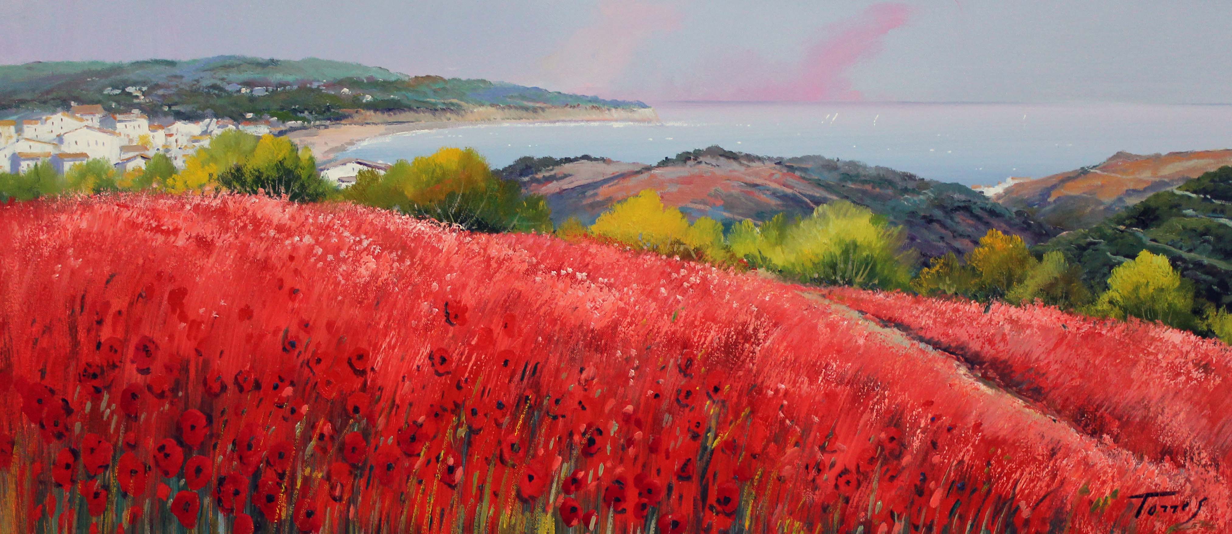 Miguel Torres (Spanish 20th Century), poppy fields landscape, oil on canvas, 98cm x 38cm, modern