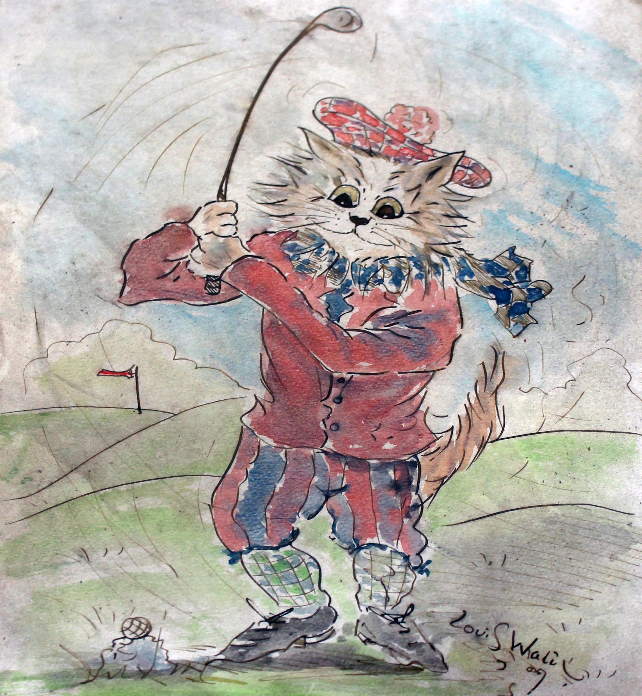 In the manner of Louis Wain, cat playing golf, watercolour, 30cm x 40cm, bearing signature, glazed