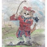 In the manner of Louis Wain, cat playing golf, watercolour, 30cm x 40cm, bearing signature, glazed