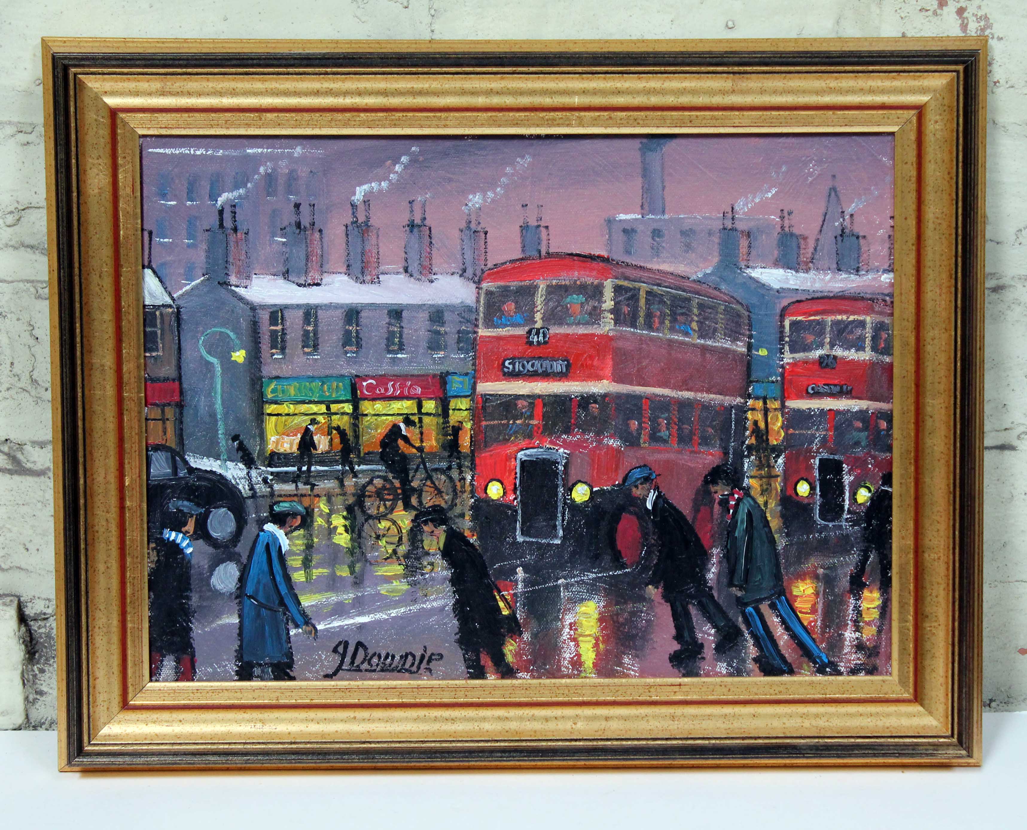 James Downie, "Last Bus to Stockport", oil on canvas, signed, framed 49.5cm x 39cm.