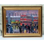 James Downie, "Last Bus to Stockport", oil on canvas, signed, framed 49.5cm x 39cm.
