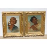 19th Century Continental School, boys smoking, pair, oil on canvas, indistinctly signed, framed 29cm