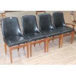 A set of four 1970s retro teak and black rexene dining chairs, width 50cm, depth 52cm & height84cm