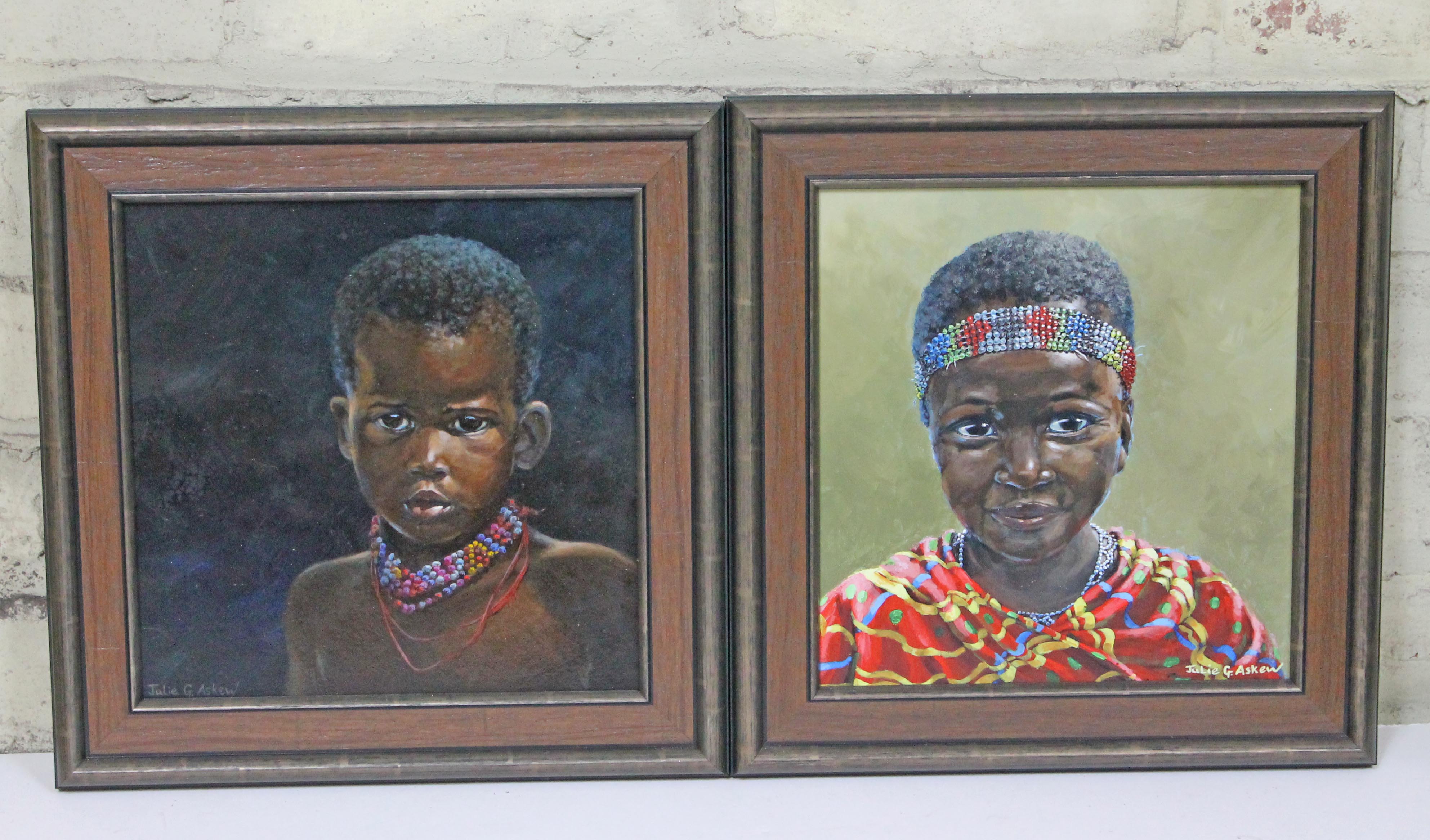 Julie Askew, African children portraits, pair, acrylic on board, 24cm x 25cm, signed lower left,