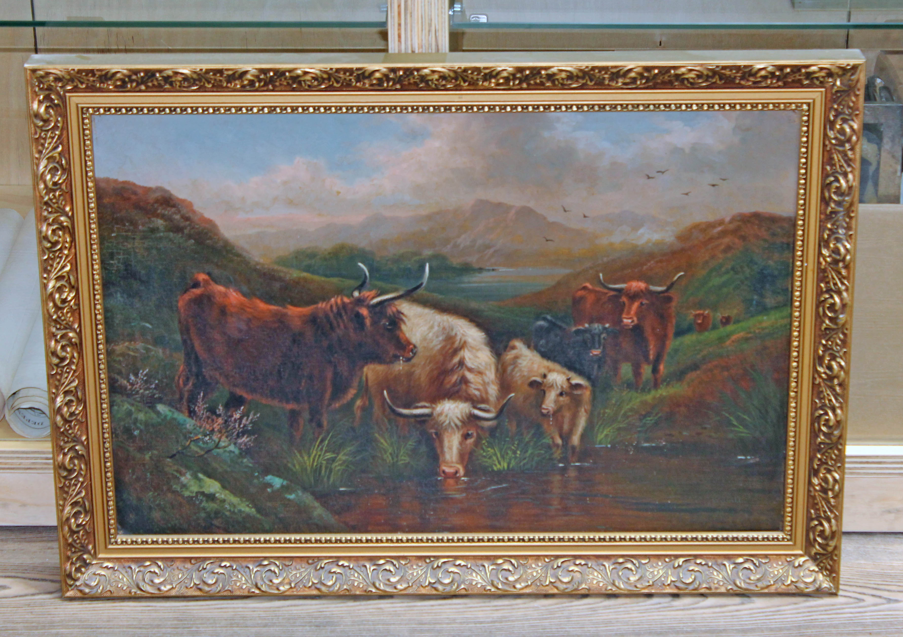 19th Century School, cattle, oil on canvas, 60cm x 39cm, unsigned, framed.