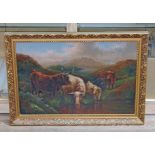 19th Century School, cattle, oil on canvas, 60cm x 39cm, unsigned, framed.
