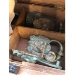 WOODEN BOX WITH ORNATE METAL DOOR KNOCKERS