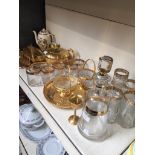 GOLD COLOURED METAL TEA WARE AND GLASS DECANTER SET ETC. N3
