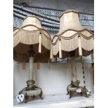PAIR ONYX AND BRASS TABLE LAMPS WITH SHADES. H74CM N5