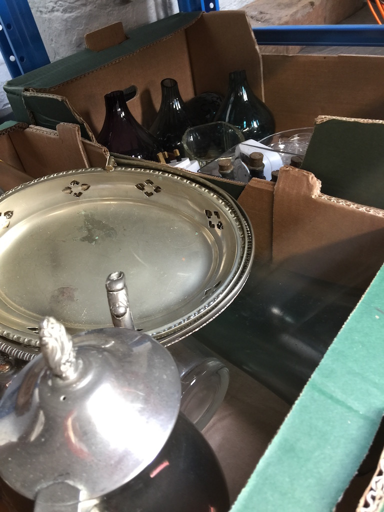 TWO BOXES OF MISC. PLATED WARE AND GLASS WARE