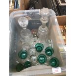 PLASTIC BOX OF DECANTERS AND GLASSES INC GREEN ONES T1