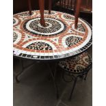 CIRCULAR TILE TOP METAL TABLE AND TWO CHAIRS. D92CM