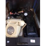 BOX OF MISC. TELEPHONE, MODEL CAR, CROWN CASSETTE RADIO