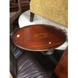 OVAL INLAID EDWARDIAN MAHOGNY TRAY WITH BRASS HANDLES 68CM