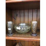 SILVER OVERLAY GLASS BOWL AND TWO VASES