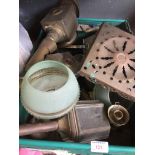 BOX OF BRASSWARE, CARRIAGE LAMPS. KETTLE ETC.