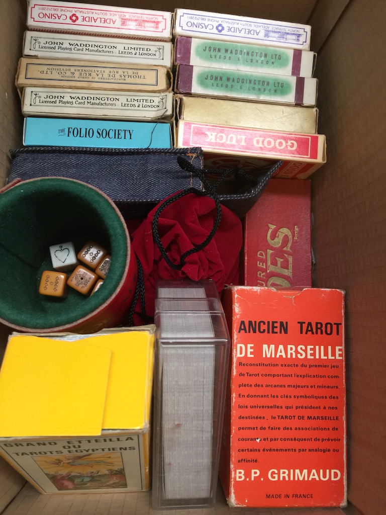 BOX OF PLAYING CARDS AND DICE