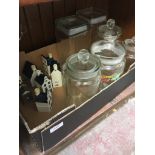 BOX OF GLASS JARS AND DUTCH HOUSES