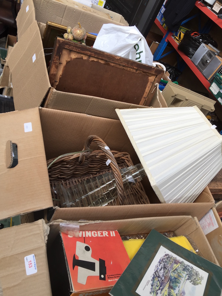 4 BOXES OF ITEMS INCL.PICTURES, TABLE LAMP WICKER BASKET ETC.