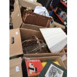 4 BOXES OF ITEMS INCL.PICTURES, TABLE LAMP WICKER BASKET ETC.