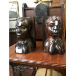 PAIR CARVED AFRICAN BUST BOOK ENDS. H22CM