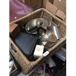 BOX OF PLATED ITEMS AND MISC. POTTERY, TORCH AND BINOCULARS