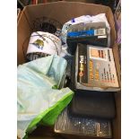 BOX OF MISC : HOSE CONNECTORS, ROUTER BIT SETS, DRILS ETC.