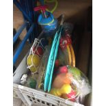 A CRATE OF SPORTS EQUIPMENT, TOYS ETC