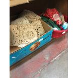 BOX OF CROCHET AND BAG WITH TWO DOLLS ETC