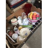 BOX OF CHINA AND ORNAMENTS T3