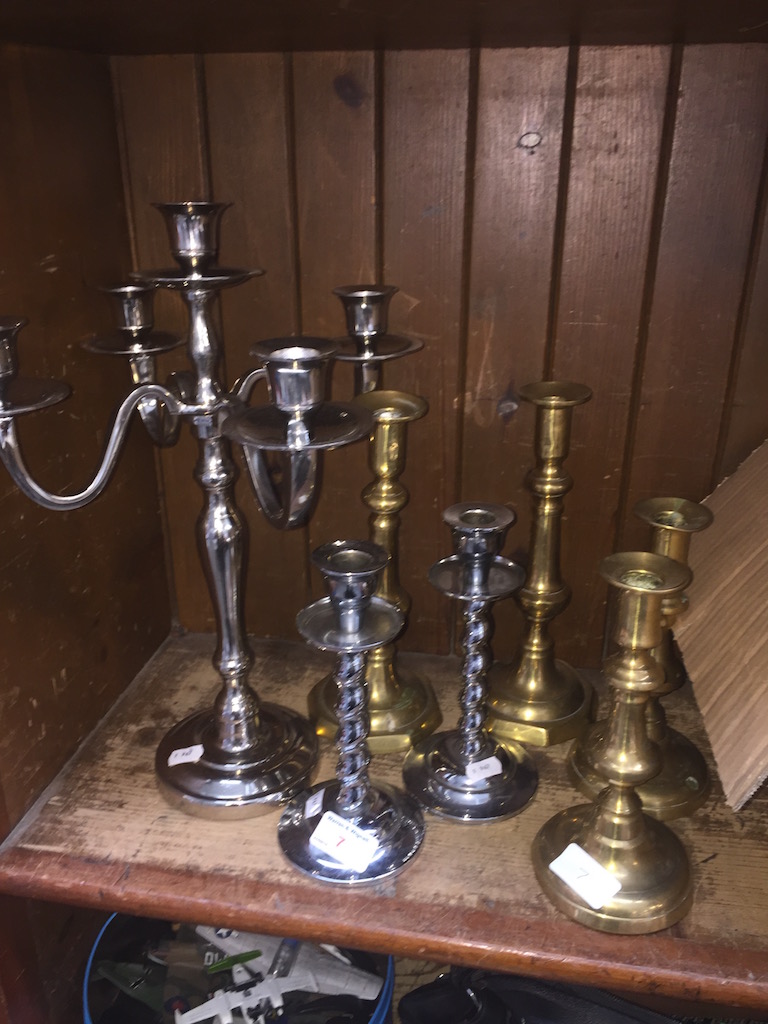 4 BRASS CANDLE STICKS,2 CHROME AND CANDELABRA2