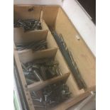 WOOD BOX OF MISC. DRILLS, BOLTS ETC.