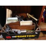 BOX OF PLATED WARE, POTTERY ETC.