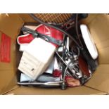 BOX OF MISC.-CLOCKS, TENNIS RACQUETS, BOSE SPEAKER ETC