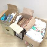 3 BOXES OF KITCHEN ITEMS: TOWELS, OVEN GLOVES AND PLACE MATS