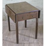 A George III mahogany drop leaf table with single drawer and brushing slide, min. width 56cm,