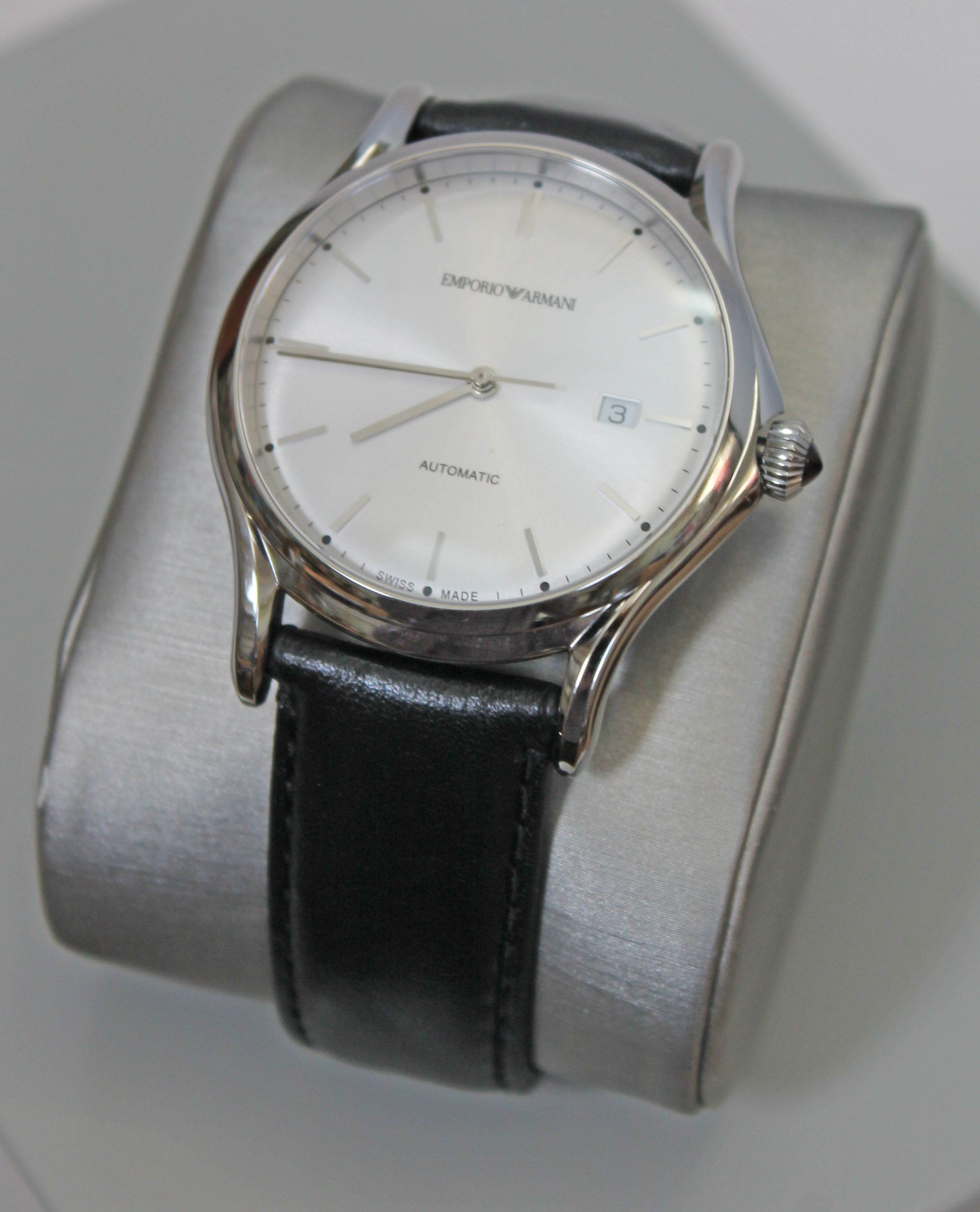 A gent's Emporio Armani automatic stainless steel wristwatch with leather strap and box.