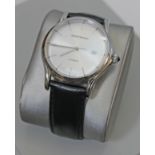 A gent's Emporio Armani automatic stainless steel wristwatch with leather strap and box.