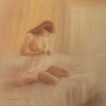 Peter Worswick, semi nude girl on bed, pastel, 44cm x 46cm, signed, glazed and framed.